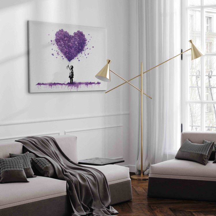 Canvas Lilac Hearts - Graffiti With a Child Holding Balloons in Banksy Style 151755 additionalImage 10