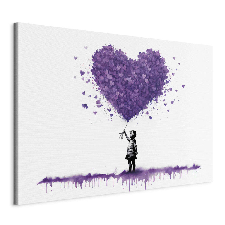 Canvas Lilac Hearts - Graffiti With a Child Holding Balloons in Banksy Style 151755 additionalImage 2