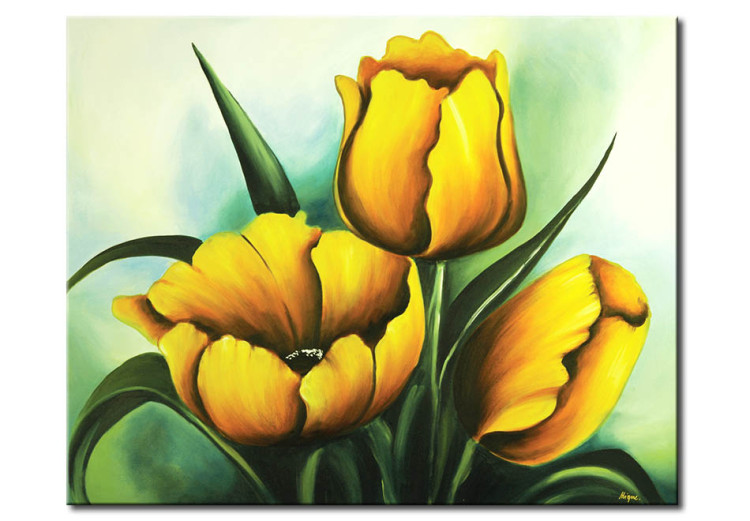 Canvas Tulips (1-piece) - Bouquet of flowers on a green-toned background 48655