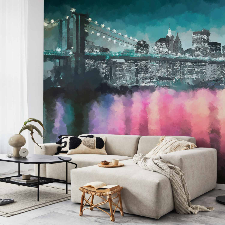 Photo Wallpaper Painted New York - Nighttime Architecture against the Background of the Brooklyn Bridge 61655