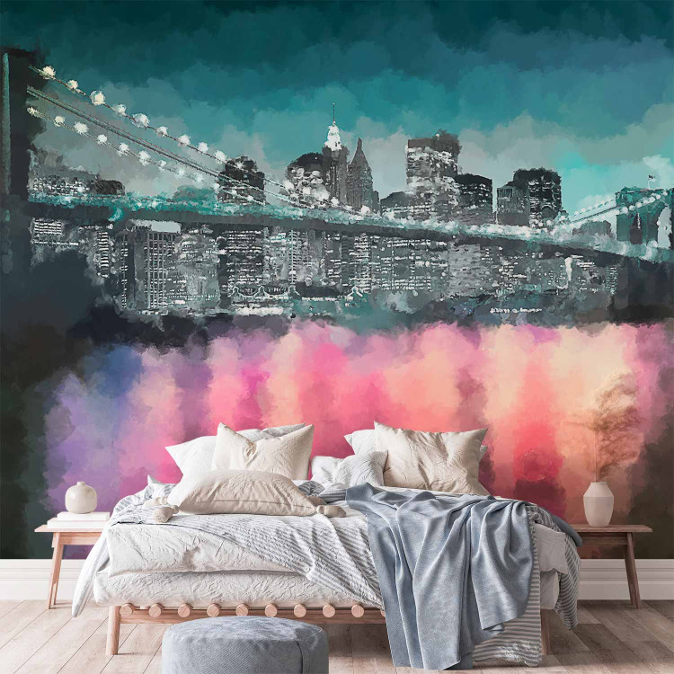 Photo Wallpaper Painted New York - Nighttime Architecture against the Background of the Brooklyn Bridge 61655 additionalImage 2