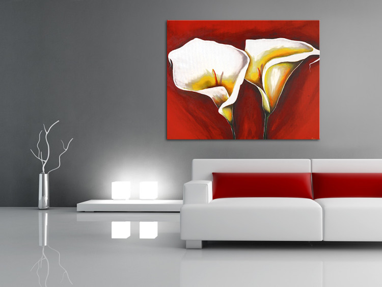 Canvas Art Print Charming Duo - Hand-painted Two White Calla Lilies on Red Background 97855 additionalImage 2