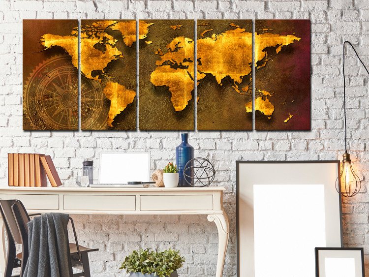 Canvas Far Journeys (5-piece) - World Map and Compass in Golden Aesthetic 105765 additionalImage 3