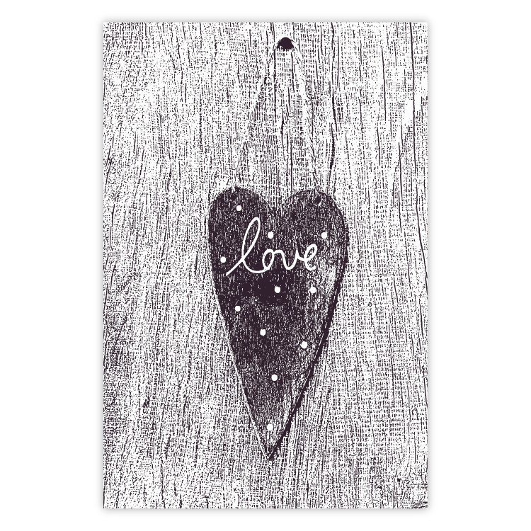 Poster Cutout Love - heart with "love" inscription on black and white wood texture 123965