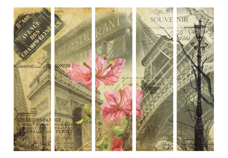 Room Divider Bonjour Paris! II (5-piece) - vintage collage with flowers and landmarks 124265 additionalImage 3