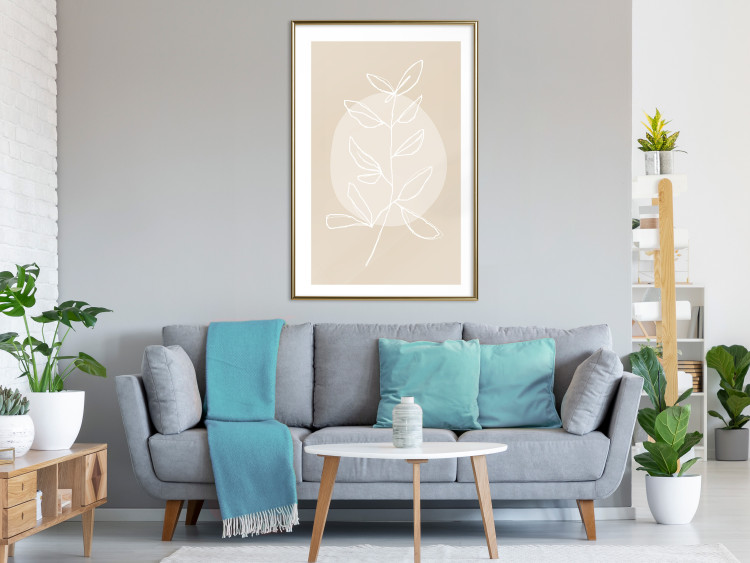 Poster Bright Twig - white line art plant with leaves on a light beige background 125665 additionalImage 13