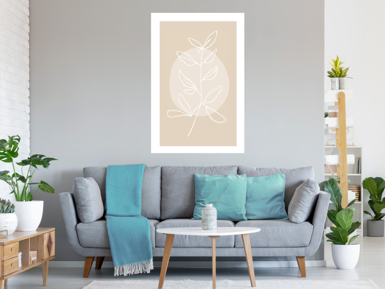 Poster Bright Twig - white line art plant with leaves on a light beige background 125665 additionalImage 2