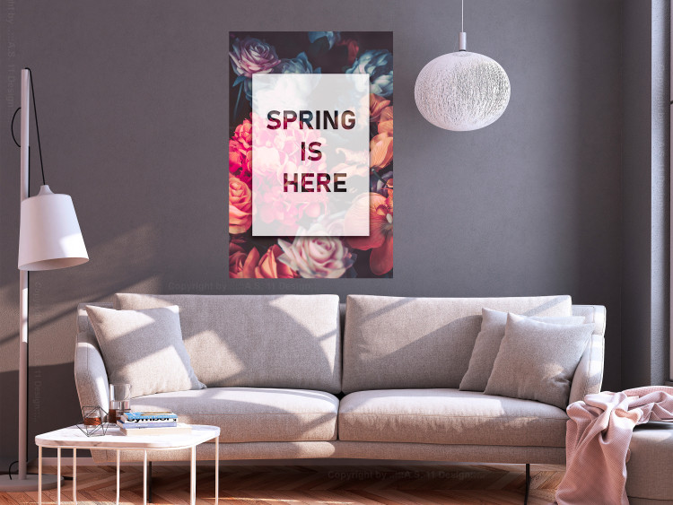 Wall Poster Spring Is Here - English inscriptions in a white frame on a background of flowers 127065 additionalImage 2