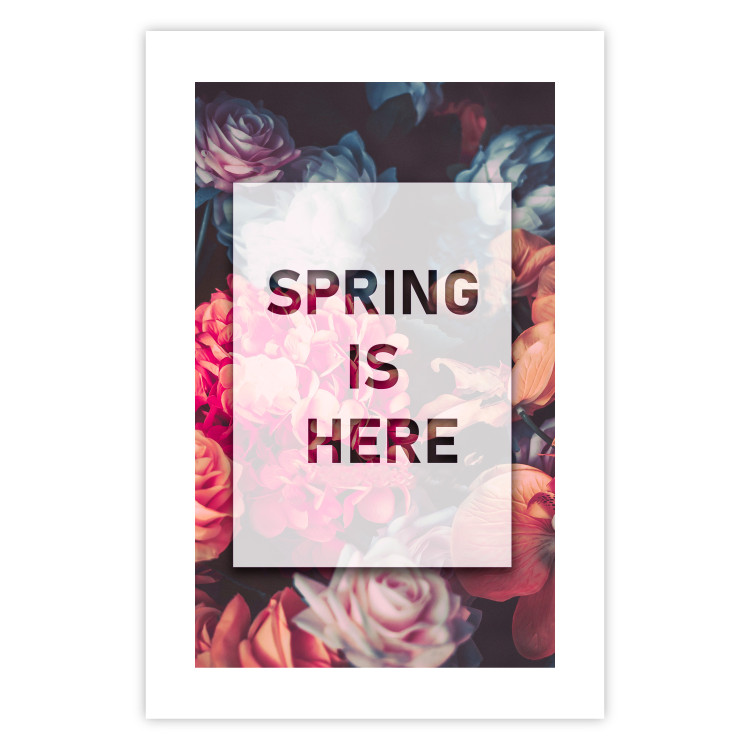 Wall Poster Spring Is Here - English inscriptions in a white frame on a background of flowers 127065 additionalImage 24