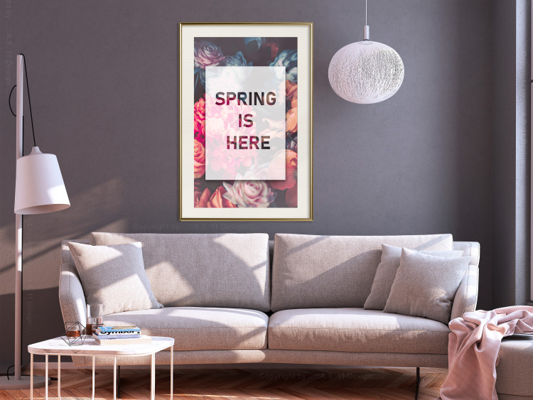 Wall Poster Spring Is Here - English inscriptions in a white frame on a background of flowers 127065 additionalImage 18