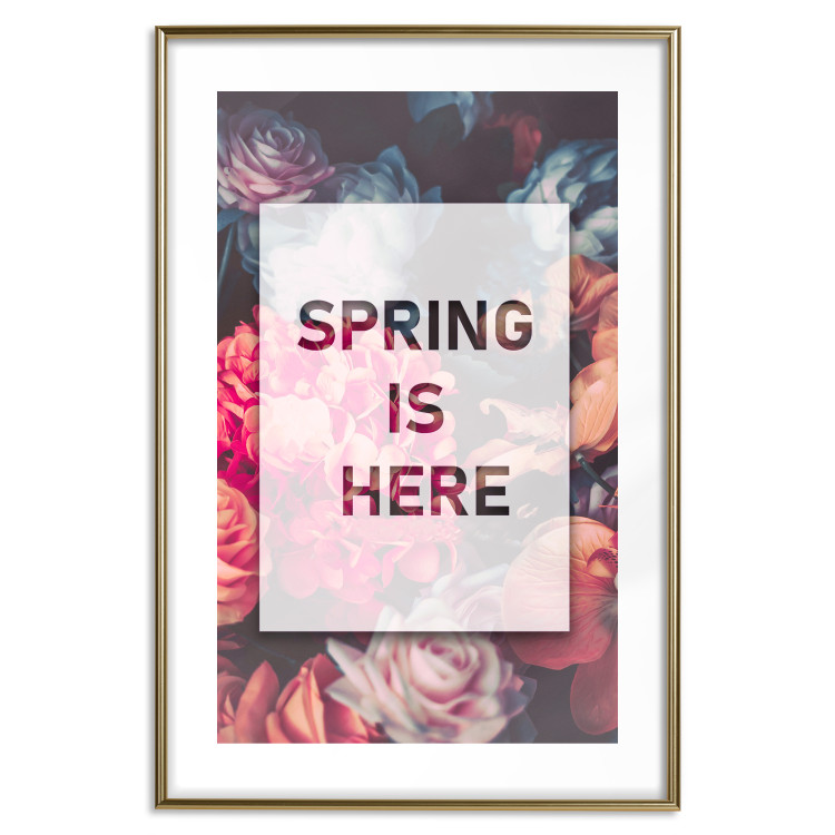 Wall Poster Spring Is Here - English inscriptions in a white frame on a background of flowers 127065 additionalImage 22