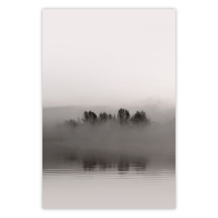 Wall Poster Island of Mists - black and white lakeside landscape with mist-covered island 130265