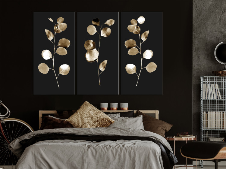 Canvas Print Golden Twilight (3-piece) - glamour-style plants on black background 131965 additionalImage 3