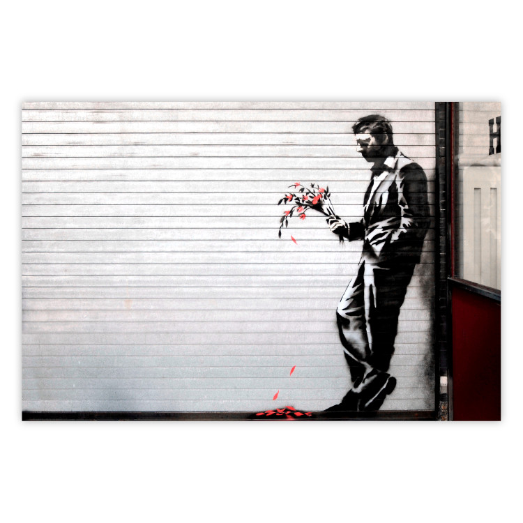 Wall Poster In Love - man with flowers against a white gate in Banksy style 132465