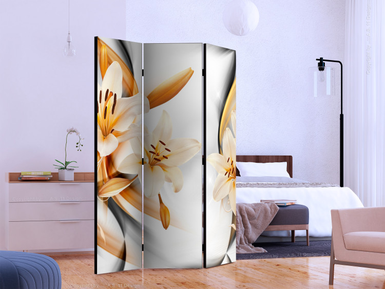 Room Separator Lily's Innocence - plant with yellow flowers on a white patterned background 133765 additionalImage 2