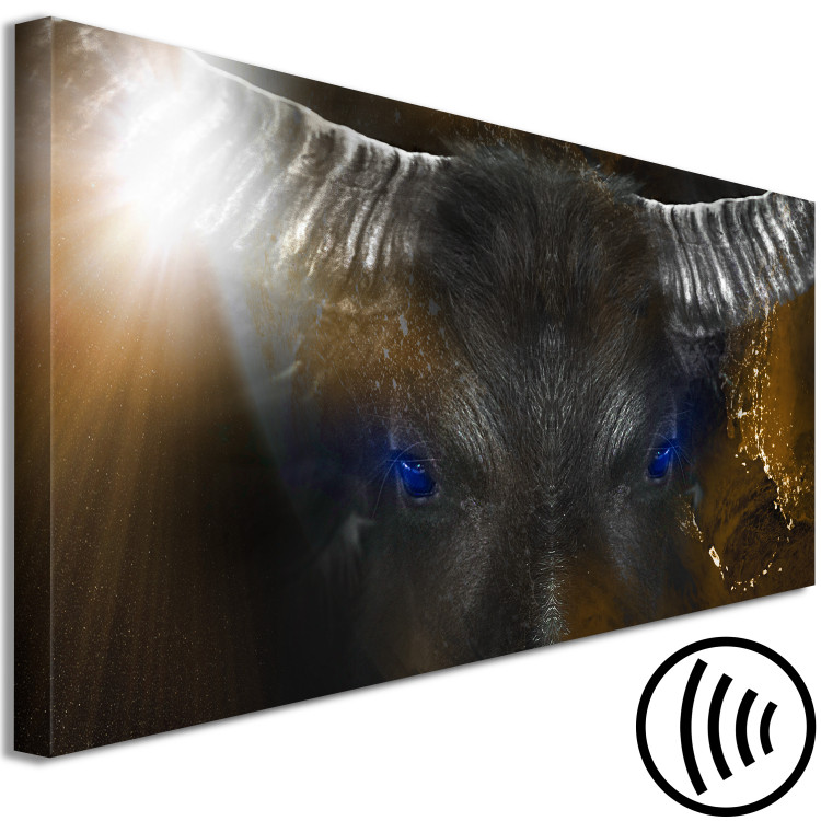 Canvas Print A dangerous bull - head with horns and blue eyes on a gold background 135565 additionalImage 6