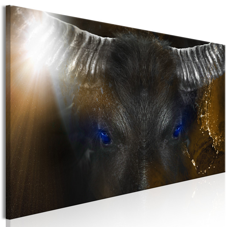 Canvas Print A dangerous bull - head with horns and blue eyes on a gold background 135565 additionalImage 2