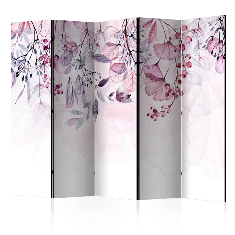 Room Separator Misty Nature - Pink II (5-piece) - Pattern in leaves and plants 136165