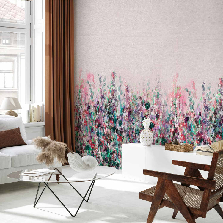 Wall Mural Pink Meadow - Painted Landscape of Wild Flowers in the Style of a Boho 145265