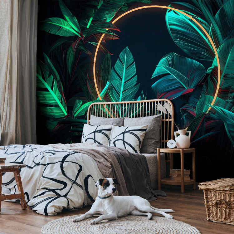 Wall Mural Jungle Light - Tropical Leaves With Neon Golden Circle 150665 additionalImage 2