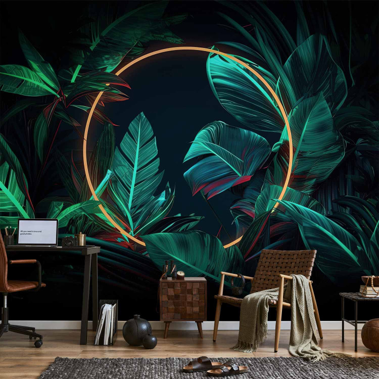 Wall Mural Jungle Light - Tropical Leaves With Neon Golden Circle 150665 additionalImage 4
