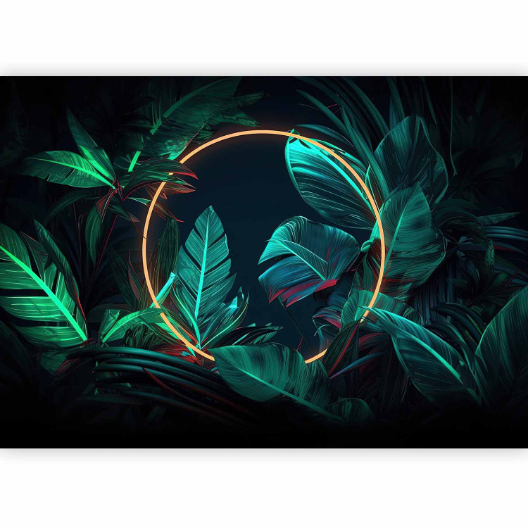 Wall Mural Jungle Light - Tropical Leaves With Neon Golden Circle 150665 additionalImage 1