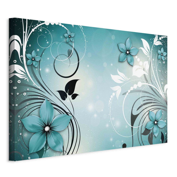 Large canvas print Turquoise Dream - Flowers and Leaves on a Blue Background Full of Sparkle [Large Format] 151265 additionalImage 2