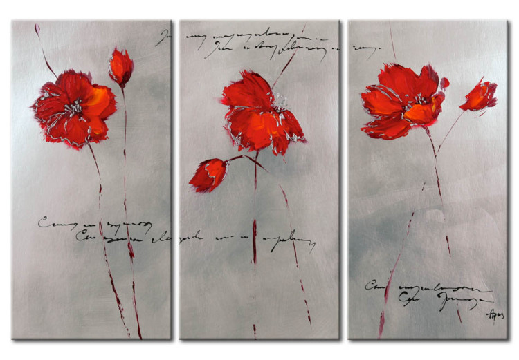 Canvas Subtlety of Poppies (3-piece) - Gray fantasy with flowers and inscriptions 48565