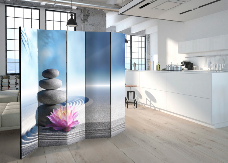 Folding Screen Zen Garden II - plants and stones lying on sand on a blue background 96065 additionalImage 4