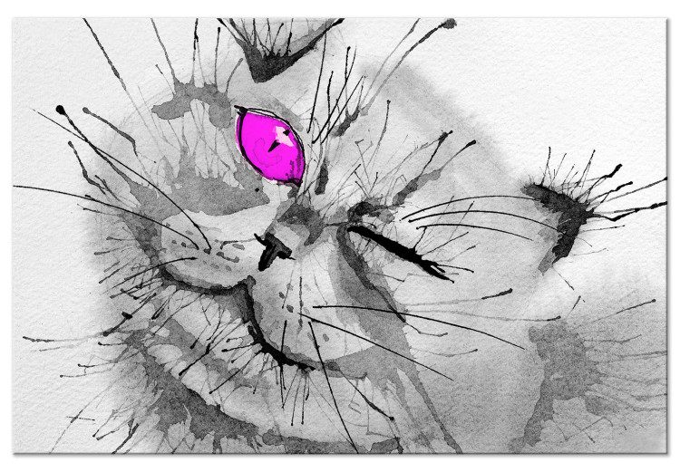 Canvas Art Print Grey cat with a pink eye - animal theme in grey colours 123375