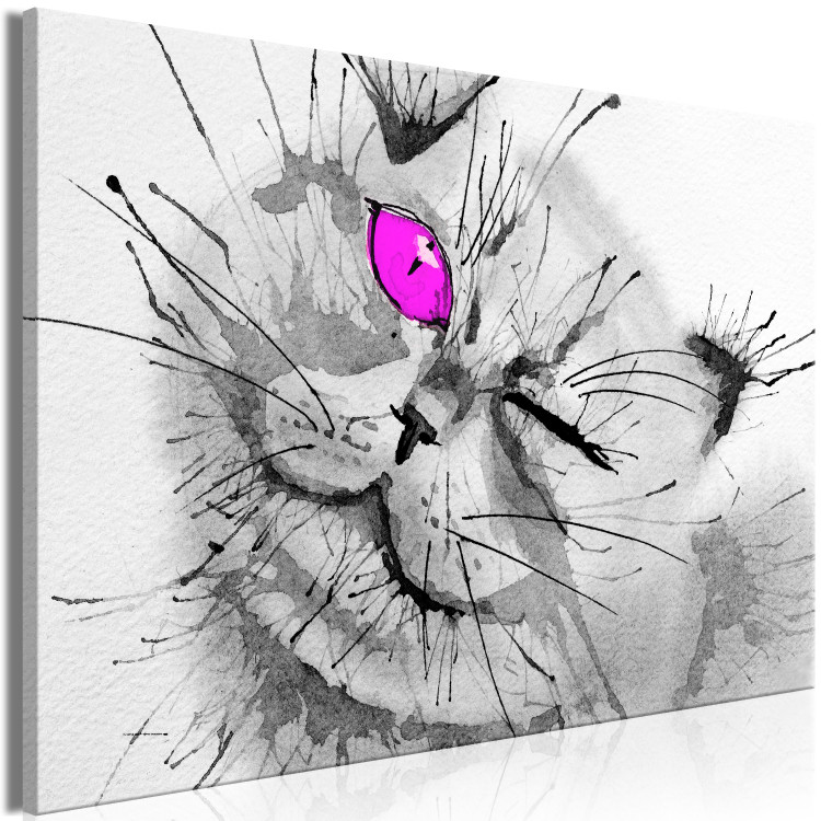 Canvas Art Print Grey cat with a pink eye - animal theme in grey colours 123375 additionalImage 2