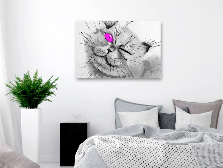 Canvas Art Print Grey cat with a pink eye - animal theme in grey colours 123375 additionalImage 3