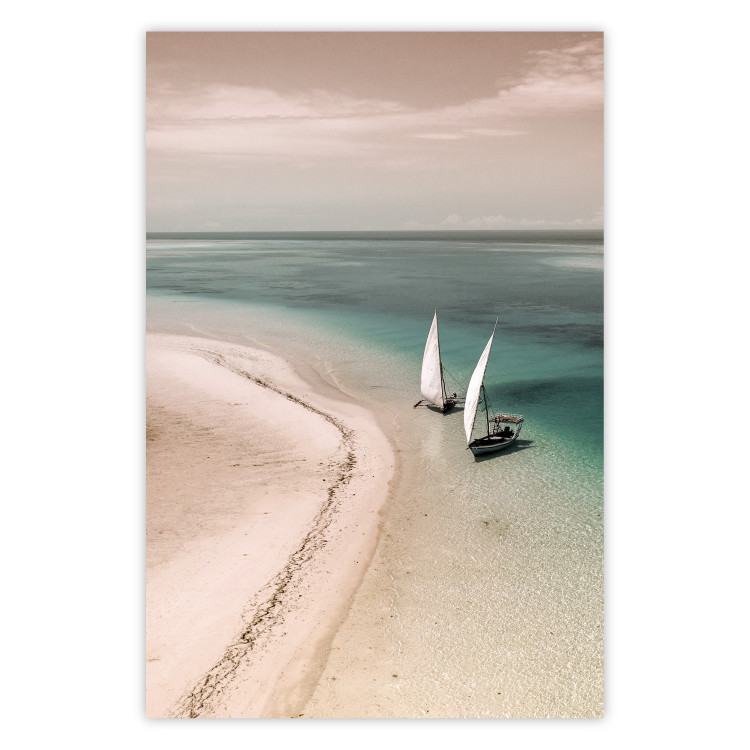 Wall Poster Romantic Coast - beach landscape and sailboats on the azure sea 129475