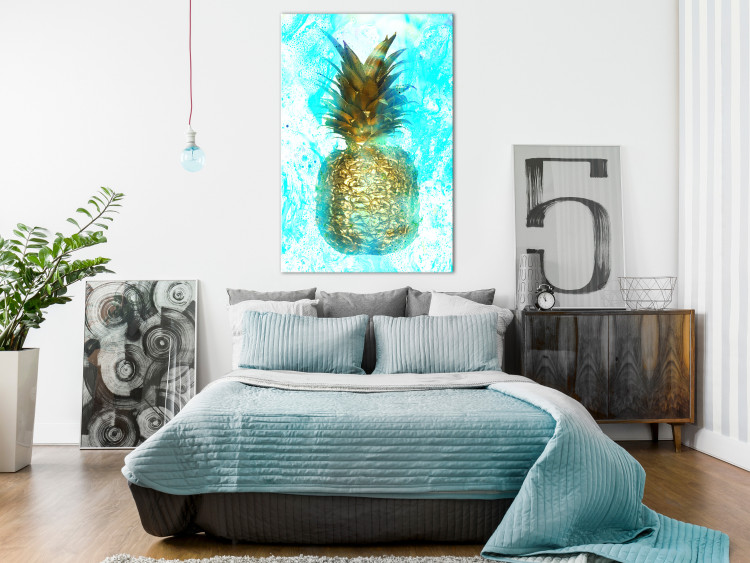 Canvas Golden pineapple - abstraction with a still life on a blue background 131675 additionalImage 3