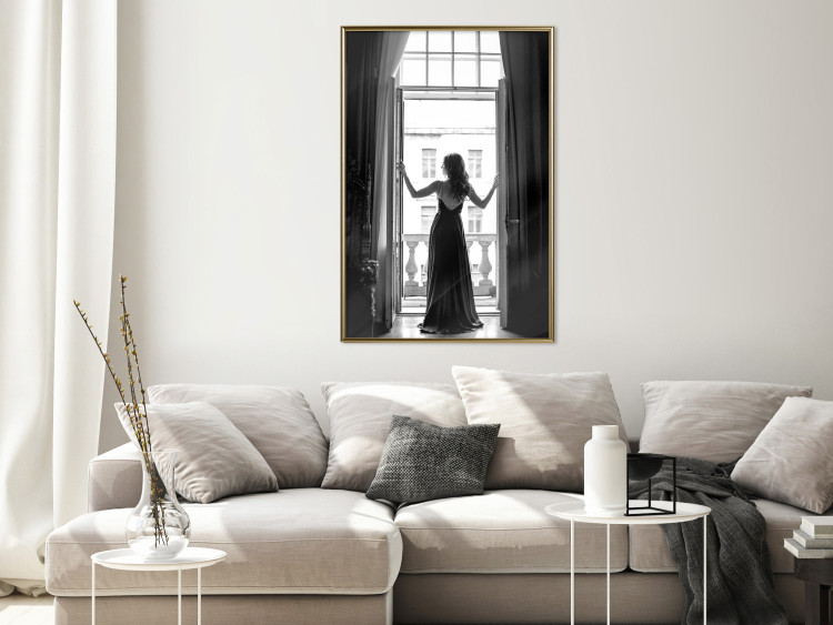 Wall Poster Bright Outlook - woman in a balcony railing in black and white colors 132275 additionalImage 5