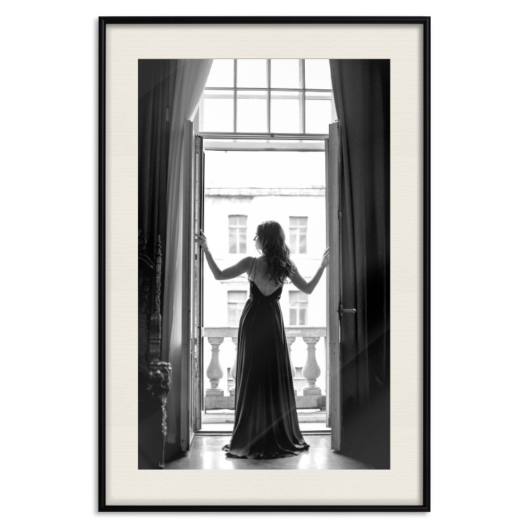 Wall Poster Bright Outlook - woman in a balcony railing in black and white colors 132275 additionalImage 19
