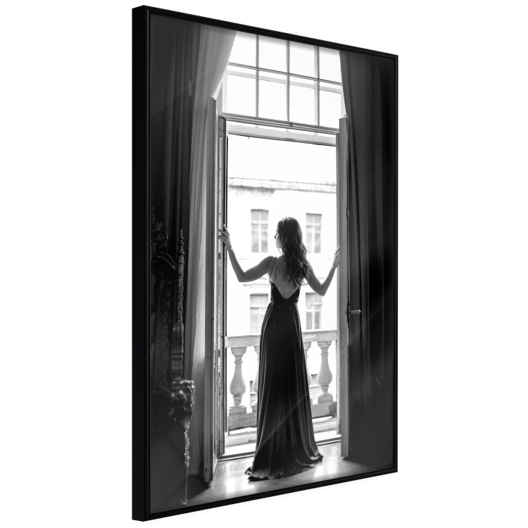 Wall Poster Bright Outlook - woman in a balcony railing in black and white colors 132275 additionalImage 11