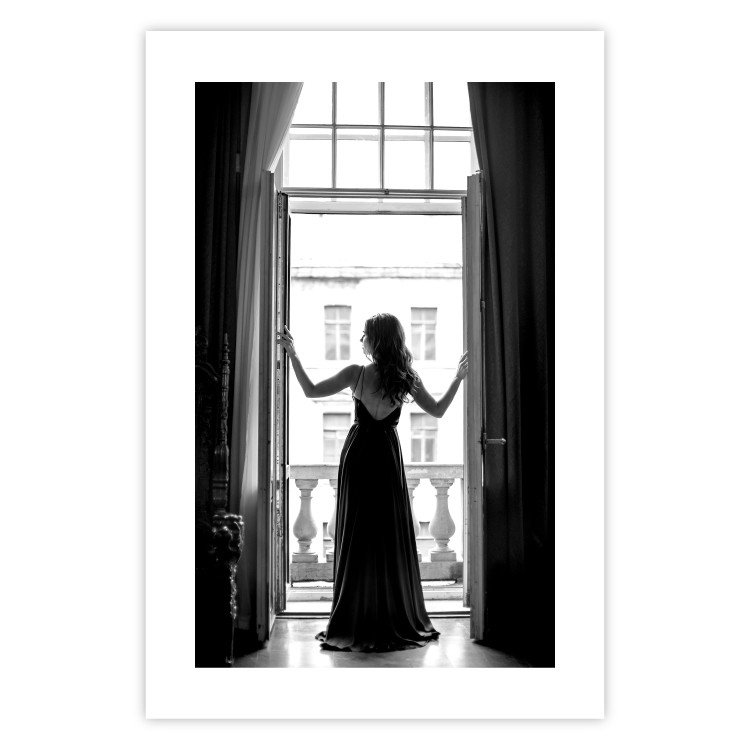 Wall Poster Bright Outlook - woman in a balcony railing in black and white colors 132275 additionalImage 25