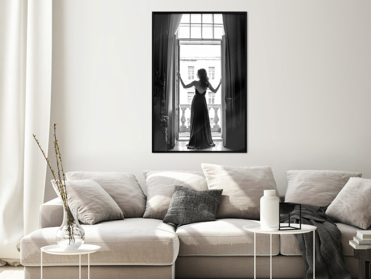 Wall Poster Bright Outlook - woman in a balcony railing in black and white colors 132275 additionalImage 6