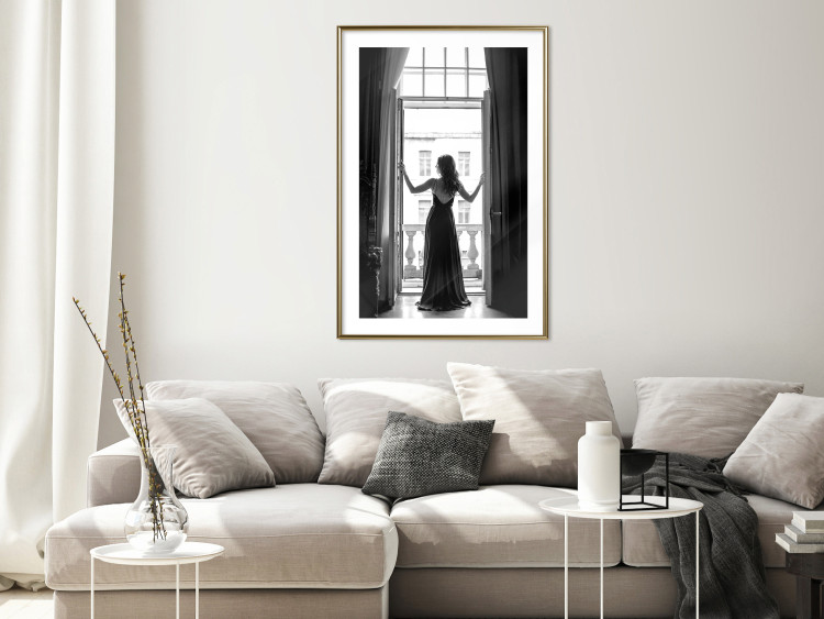 Wall Poster Bright Outlook - woman in a balcony railing in black and white colors 132275 additionalImage 15