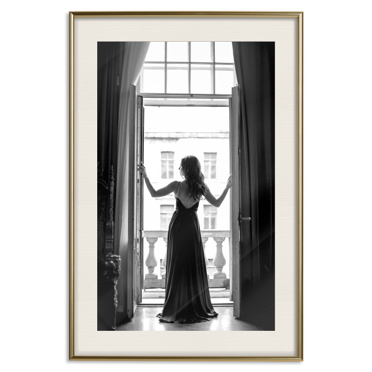 Wall Poster Bright Outlook - woman in a balcony railing in black and white colors 132275 additionalImage 20