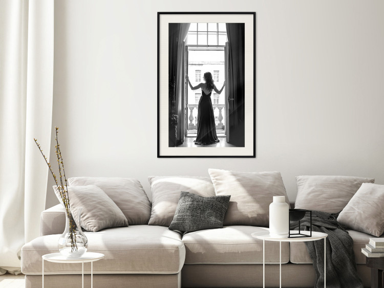 Wall Poster Bright Outlook - woman in a balcony railing in black and white colors 132275 additionalImage 24