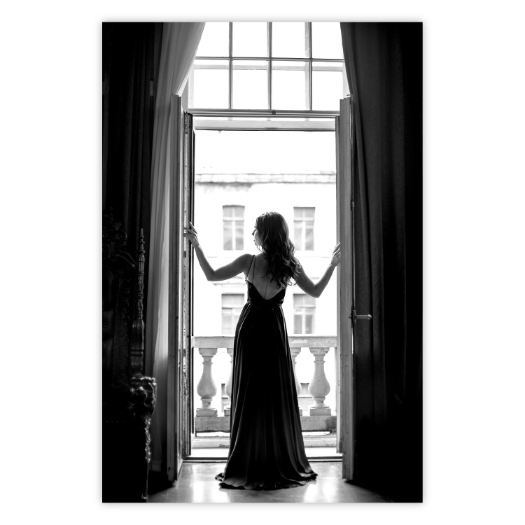 Wall Poster Bright Outlook - woman in a balcony railing in black and white colors 132275