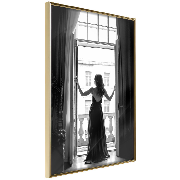 Wall Poster Bright Outlook - woman in a balcony railing in black and white colors 132275 additionalImage 14