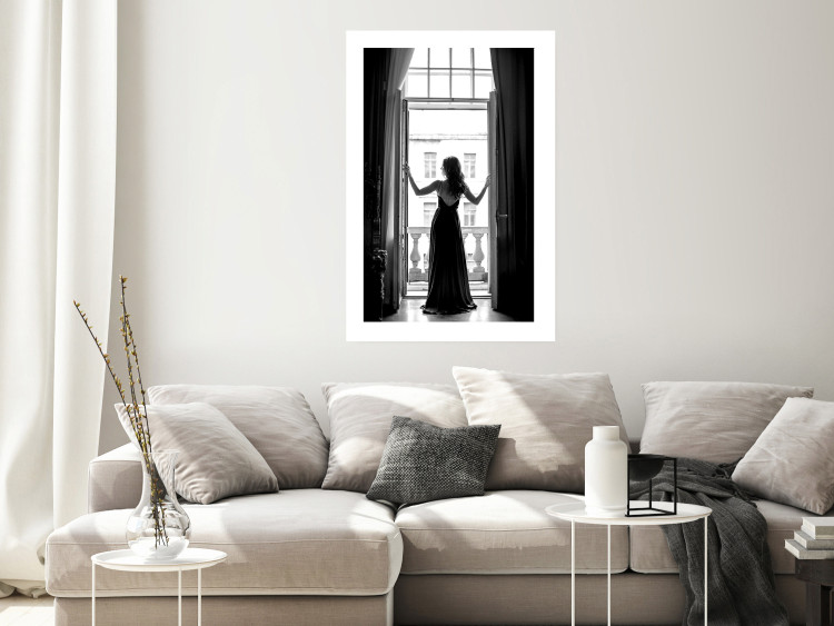 Wall Poster Bright Outlook - woman in a balcony railing in black and white colors 132275 additionalImage 3