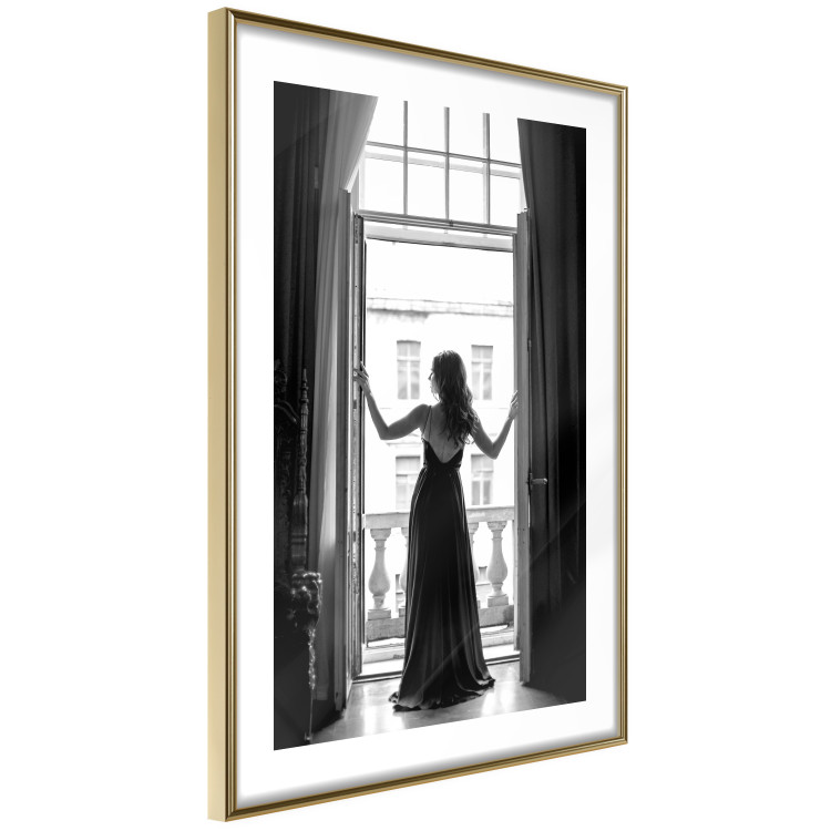 Wall Poster Bright Outlook - woman in a balcony railing in black and white colors 132275 additionalImage 7