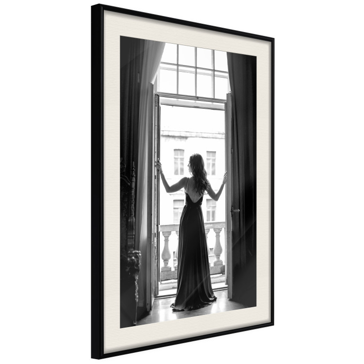 Wall Poster Bright Outlook - woman in a balcony railing in black and white colors 132275 additionalImage 2
