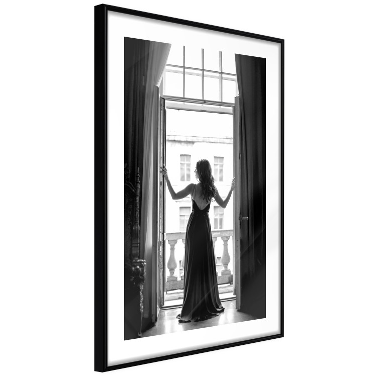 Wall Poster Bright Outlook - woman in a balcony railing in black and white colors 132275 additionalImage 8