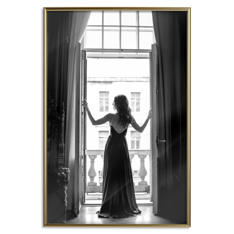 Wall Poster Bright Outlook - woman in a balcony railing in black and white colors 132275 additionalImage 17