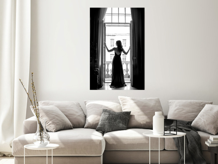 Wall Poster Bright Outlook - woman in a balcony railing in black and white colors 132275 additionalImage 4